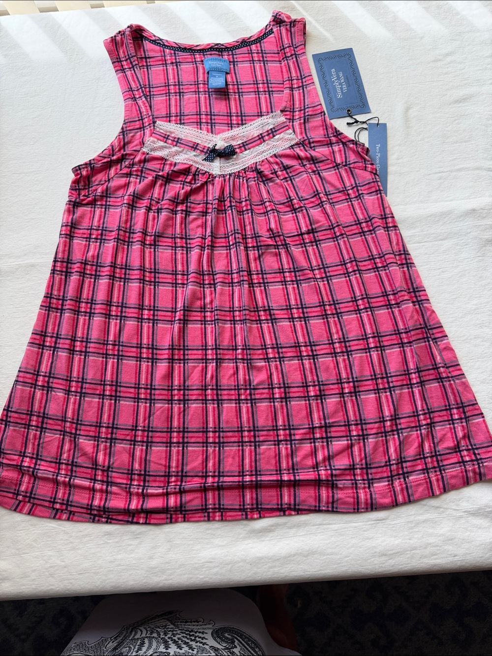 Pink Plaid Sleeveless Pajamas with Lace Trim